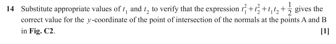 June 2024 Paper 3, question 14: 2 2 14 Substitute appropriate values of t1 and t2 to verify that the expression t t t t gives the + + + 2 1 2 1 2 correct value for the y‑coordinate of the poin
