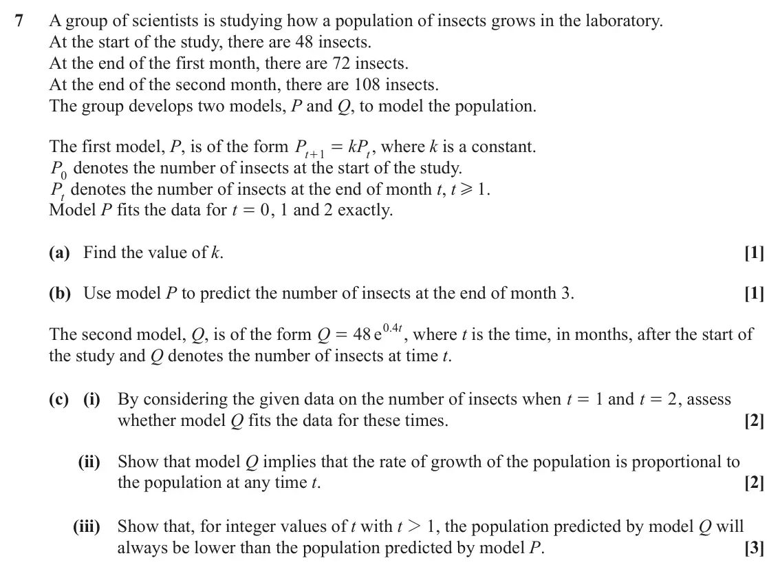 June 2025 Paper 3, question 7: A group of scientists is studying how a population of insects grows in the laboratory. At the start of the study, there are 48 insects. At the end of the first 