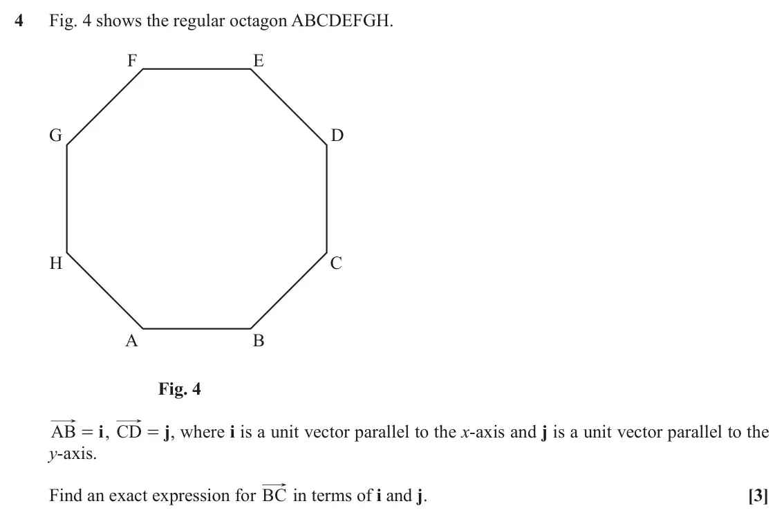 November 2020 Paper 3, question 4: Fig. 4 shows the regular octagon ABCDEFGH. F E G D H C A B Fig. 4 i CD = , where i is a unit vector parallel to the x-axis and j is a unit vector parallel to th