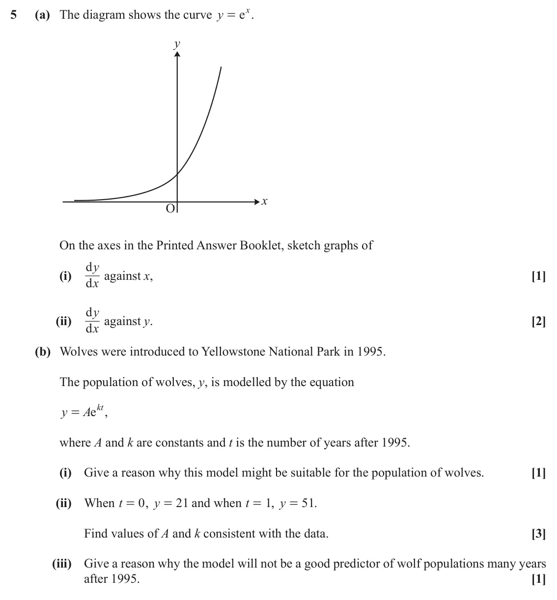 November 2021 Paper 3, question 5: x 5 (a) The diagram shows the curve y e . = y x O On the axes in the Printed Answer Booklet, sketch graphs of y against x, d (i) [1] x d y against y. d (ii) [2]