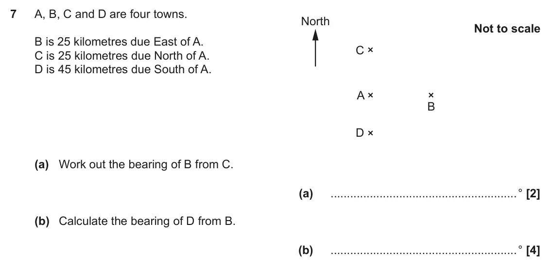 June 2017 Paper 4, question 7: A, B, C and D are four towns. North Not to scale B is 25 kilometres due East of A. C C is 25 kilometres due North of A. D is 45 kilometres due South of A. A B D