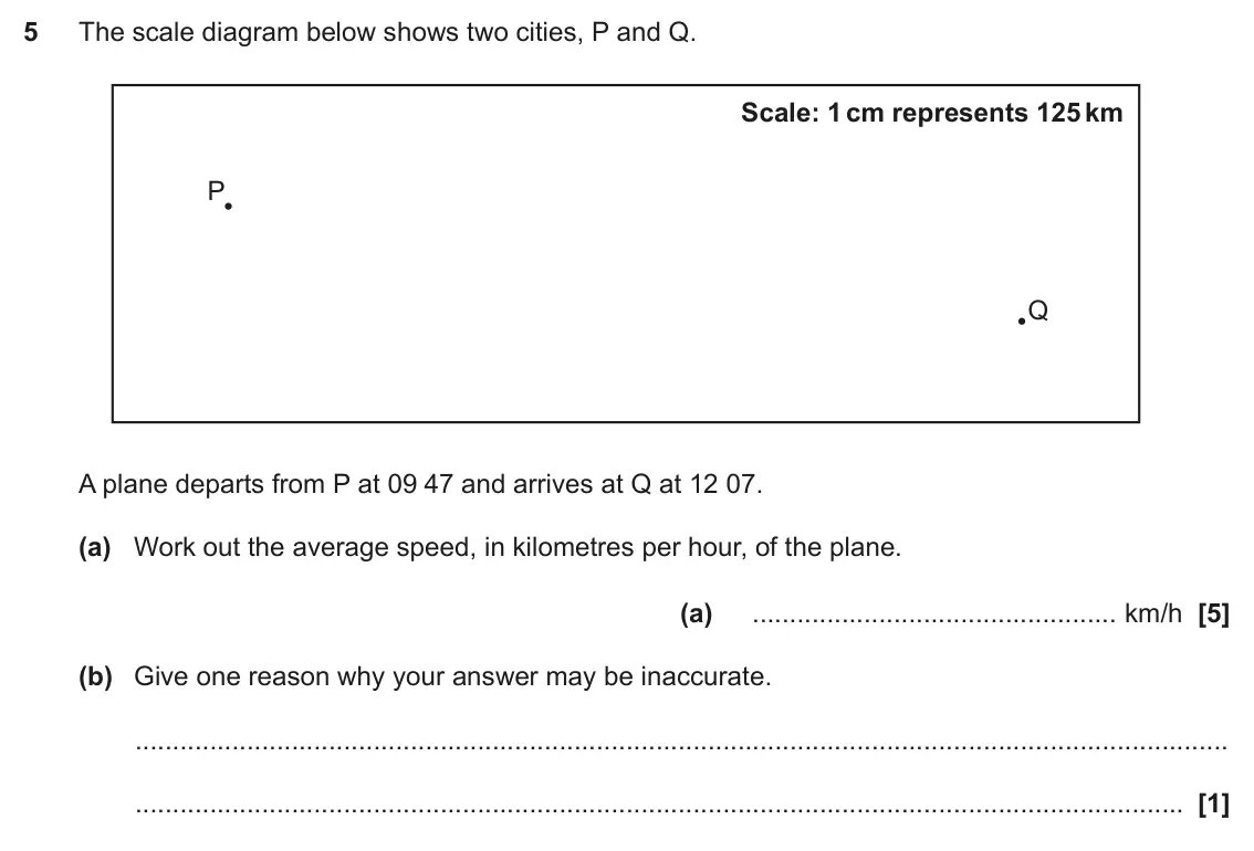 June 2018 Paper 4, question 5: The scale diagram below shows two cities, P and Q. Scale: 1 cm represents 125 km P Q A plane departs from P at 09 47 and arrives at Q at 12 07. (a) Work out the