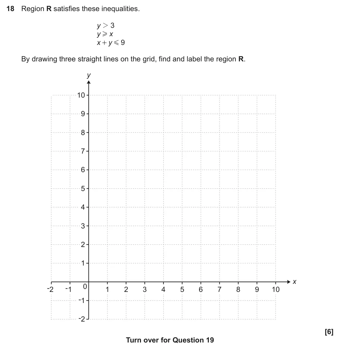 June 2019 Paper 4, question 18: Region R satisfies these inequalities. 3 y 2 y x H 9 x y + G By drawing three straight lines on the grid, find and label the region R. y 10 9 8 7 6 5 4 3 2 1 x