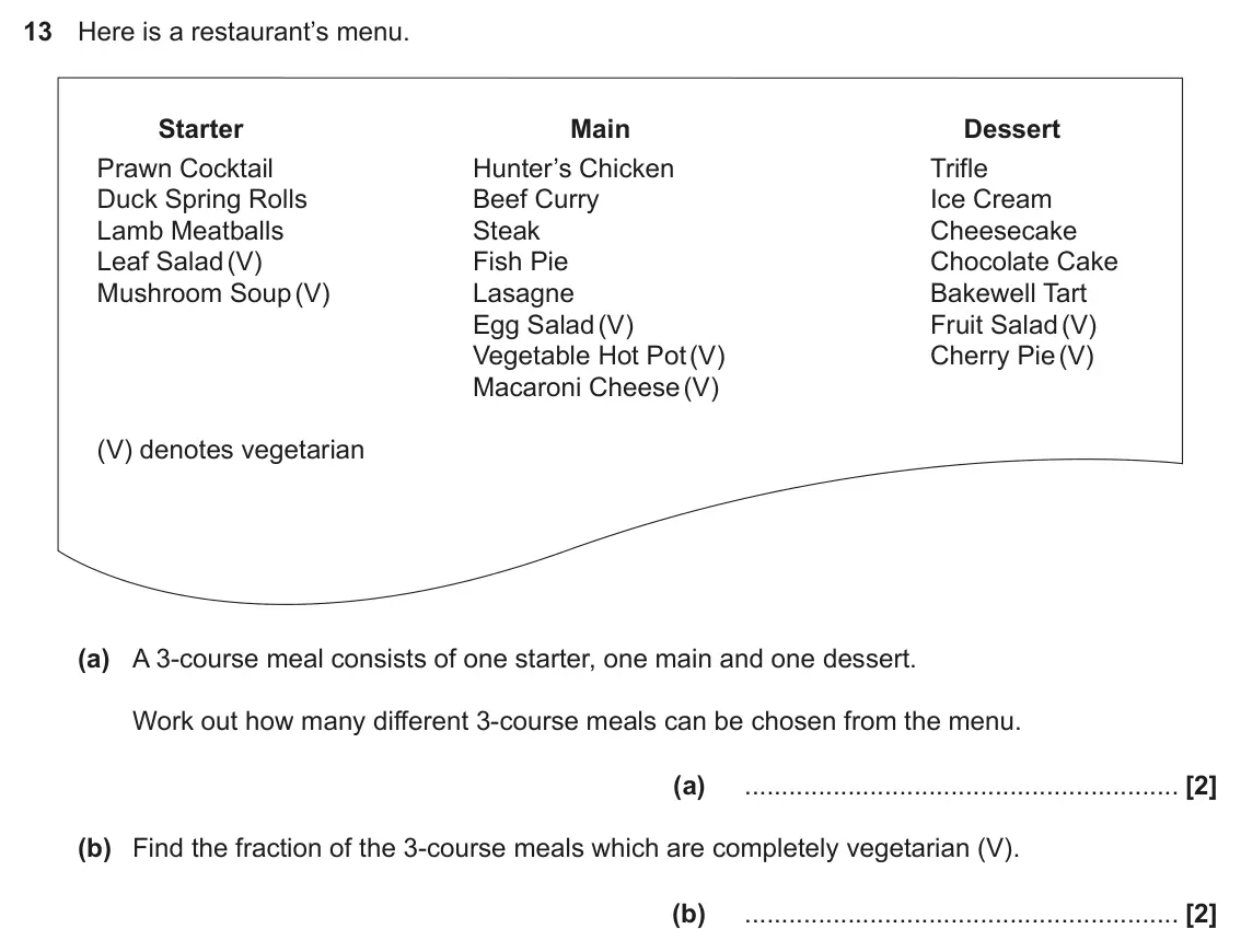 June 2022 Paper 4, question 13: Here is a restaurant’s menu. Starter Main Dessert Prawn Cocktail Hunter’s Chicken Trifle Duck Spring Rolls Beef Curry Ice Cream Lamb Meatballs Steak Cheesecake