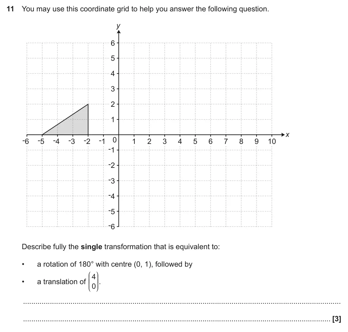 June 2023 Paper 4, question 11: You may use this coordinate grid to help you answer the following question. y 6 5 4 3 2 1 x 0 -6 -5 -4 -3 -2 -1 1 2 3 4 5 6 7 8 9 10 -1 -2 -3 -4 -5 -6 Describe