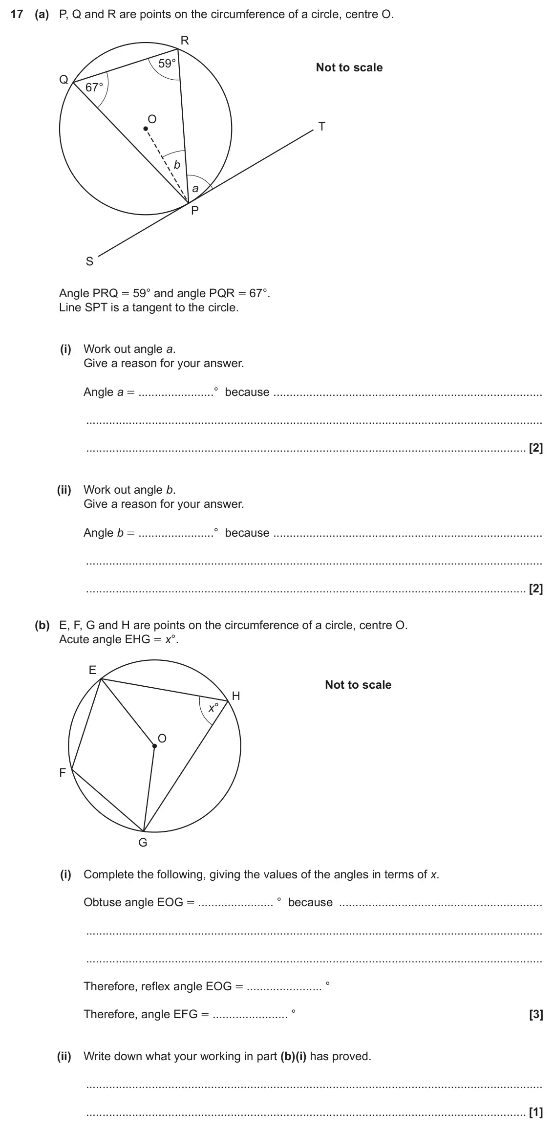 June 2023 Paper 4, question 17: (a) P, Q and R are points on the circumference of a circle, centre O. R 59° Not to scale Q 67° O T b a P S Angle PRQ = 59° and angle PQR = 67°. Line SPT is a ta