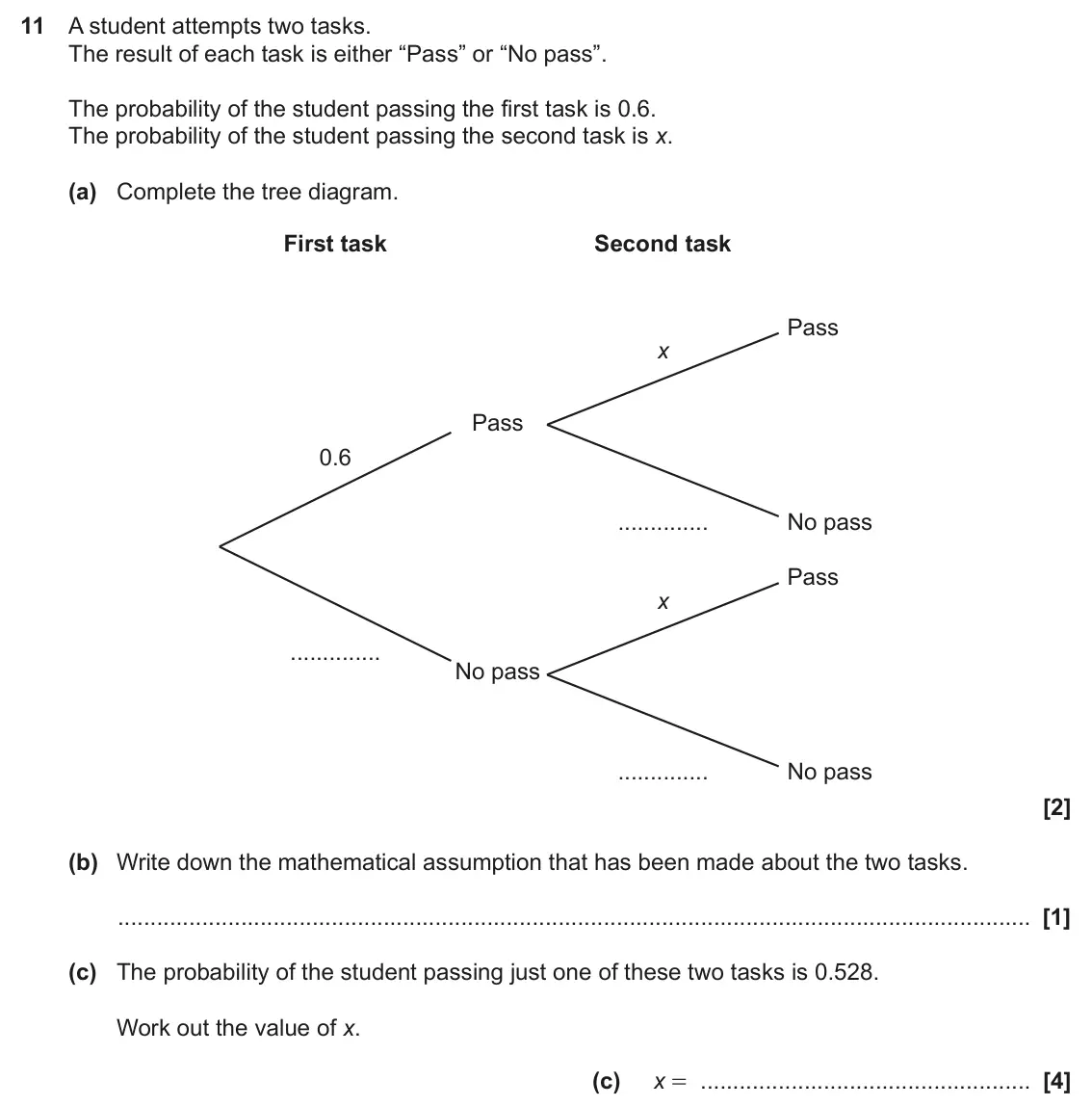 June 2024 Paper 4, question 11: A student attempts two tasks. The result of each task is either “Pass” or “No pass”. The probability of the student passing the first task is 0.6. The probabili