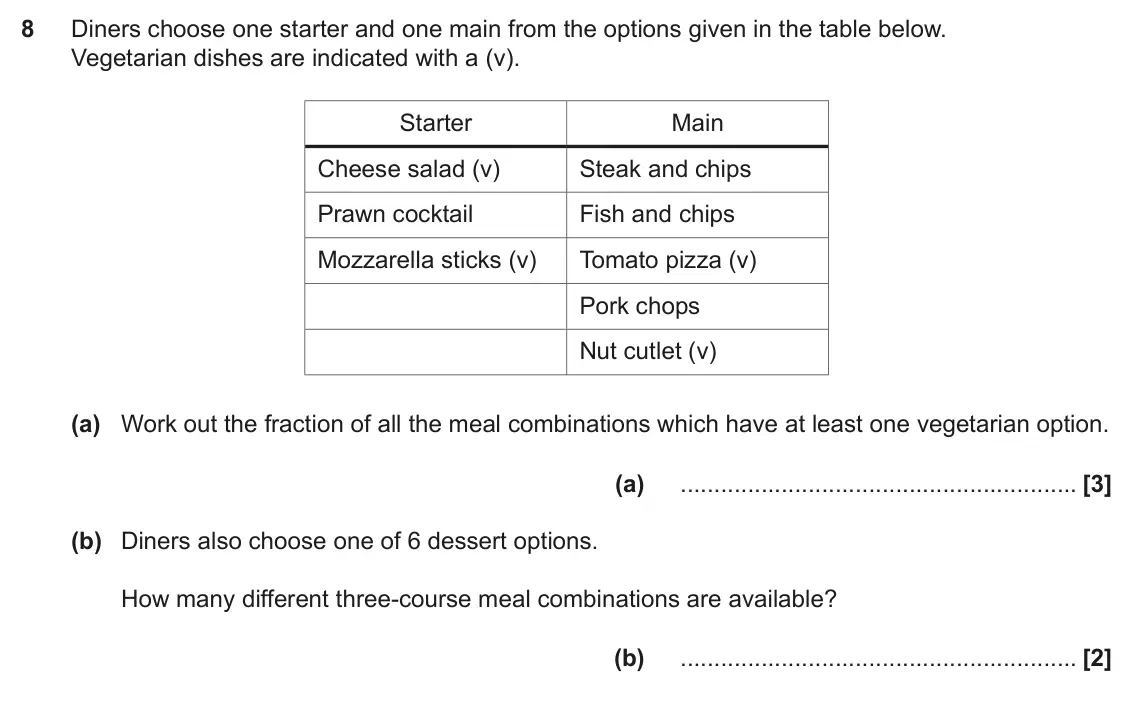 November 2017 Paper 4, question 8: Diners choose one starter and one main from the options given in the table below. Vegetarian dishes are indicated with a (v). Starter Main Cheese salad (v) Stea