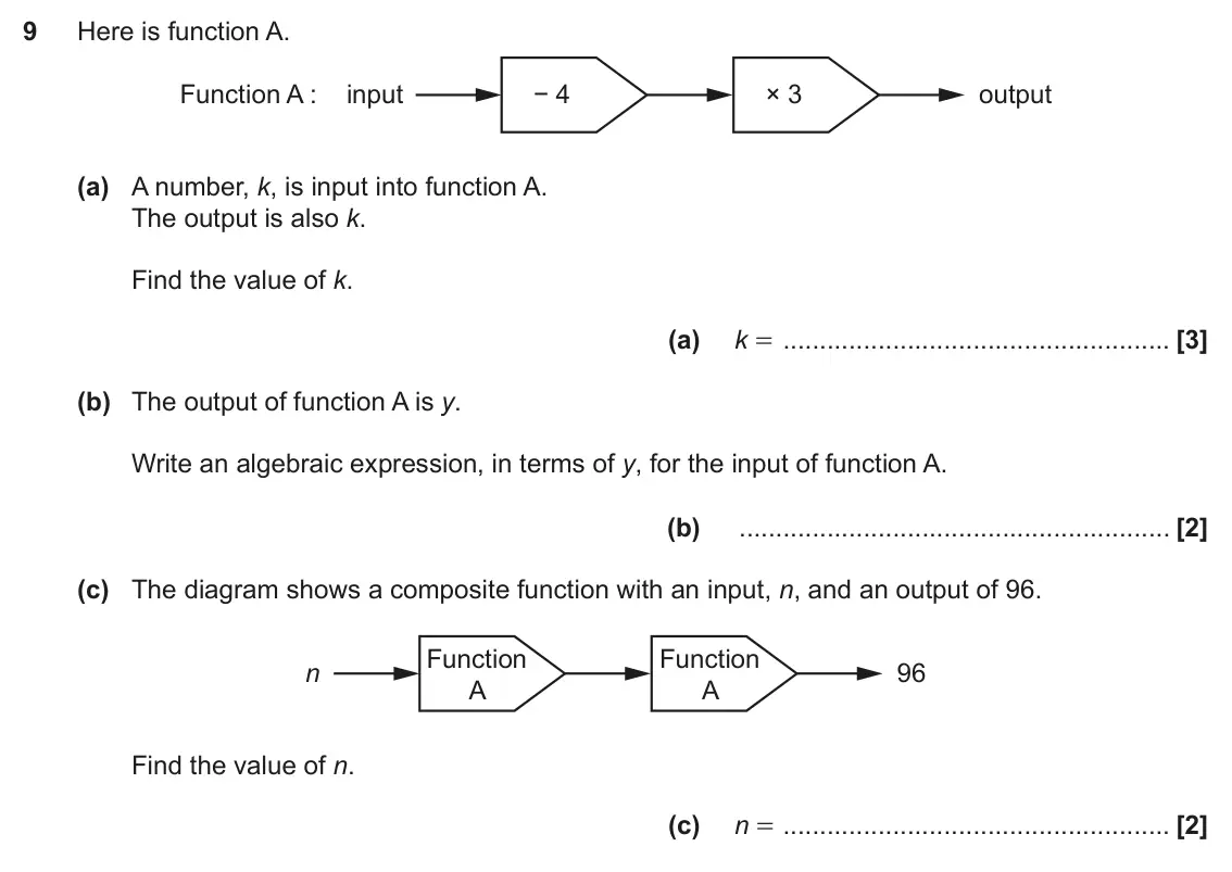 November 2019 Paper 4, question 9: Here is function A. Function A : input output − 4 × 3 (a) A number, k, is input into function A. The output is also k. Find the value of k. (a) k = (b) The outp