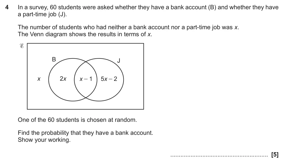 November 2020 Paper 4, question 4: In a survey, 60 students were asked whether they have a bank account (B) and whether they have a part-time job (J). The number of students who had neither a ban