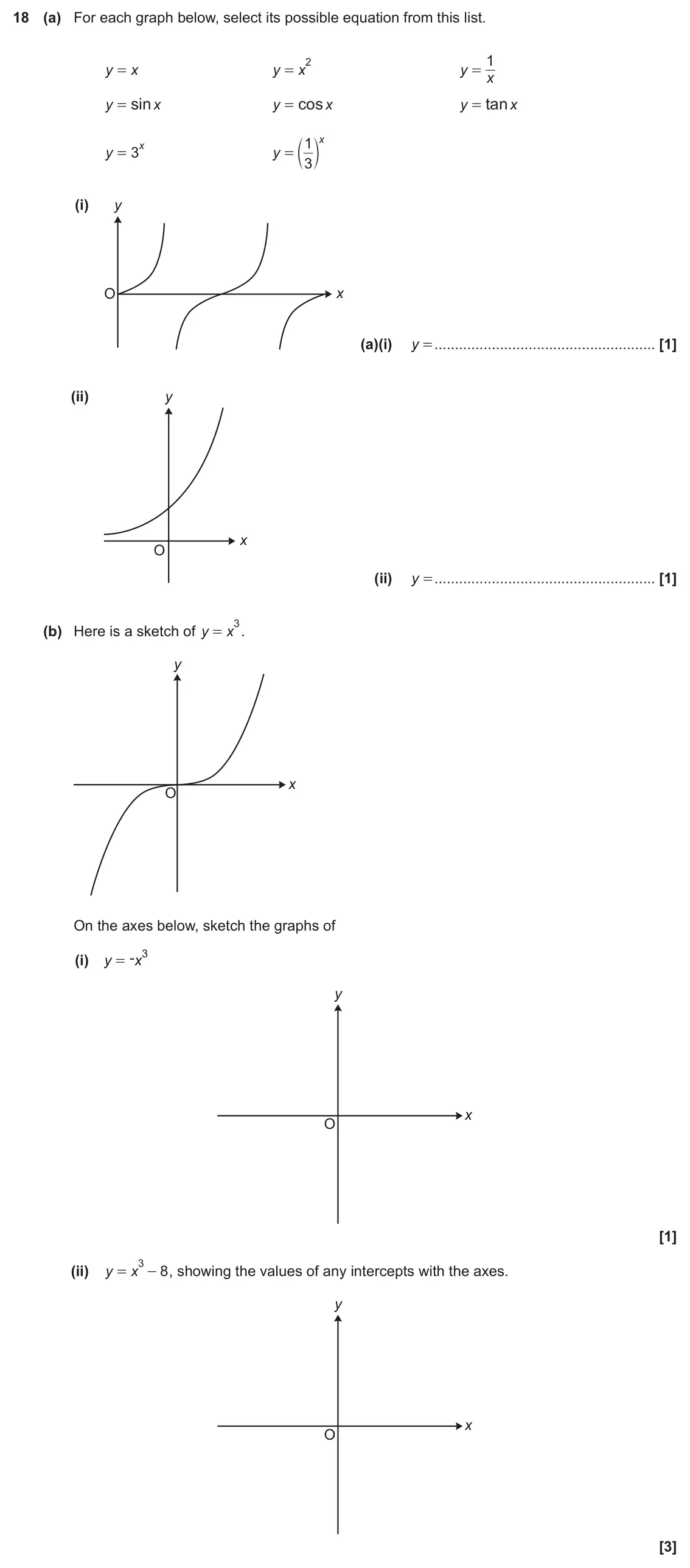 November 2021 Paper 4, question 18: (a) For each graph below, select its possible equation from this list. 1 2 y x y x y = = = x sin cos tan y x y x y x = = = 1 x = d n x y 3 y = 3 (i) y x O (a)(i
