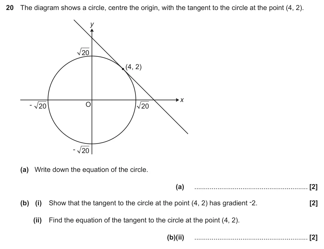 November 2023 Paper 4, question 20: The diagram shows a circle, centre the origin, with the tangent to the circle at the point (4, 2). y 20 (4, 2) x O - 20 20 - 20 (a) Write down the equation of t