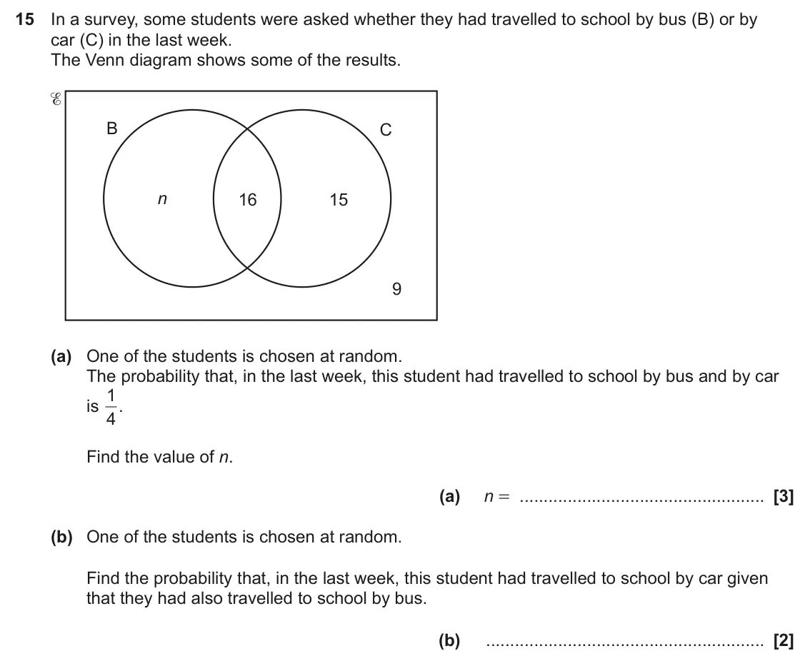 November 2024 Paper 4, question 15: In a survey, some students were asked whether they had travelled to school by bus (B) or by car (C) in the last week. The Venn diagram shows some of the results