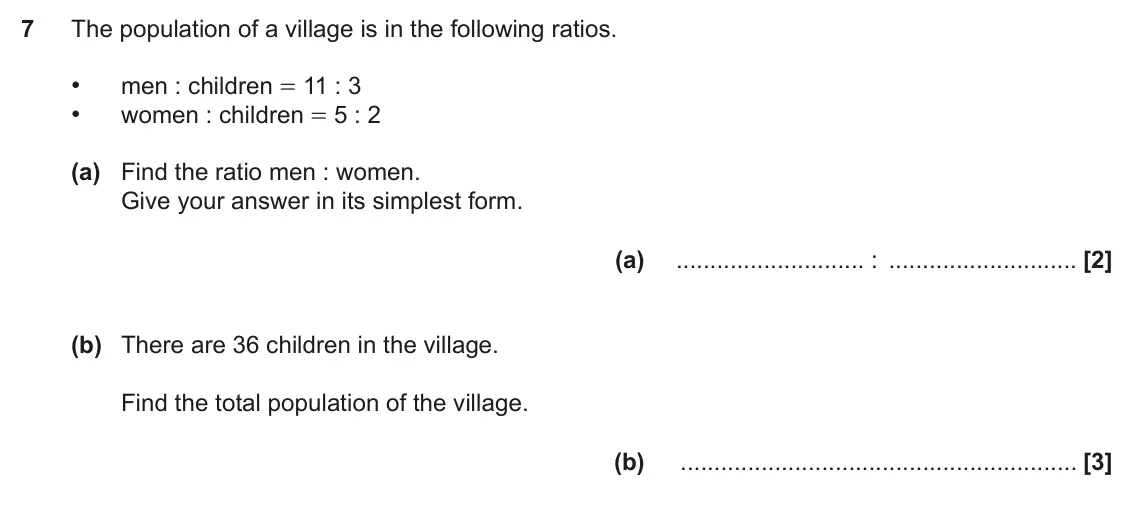 June 2017 Paper 5, question 7: The population of a village is in the following ratios. • men : children = 11 : 3 • women : children = 5 : 2 (a) Find the ratio men : women. Give your answer in