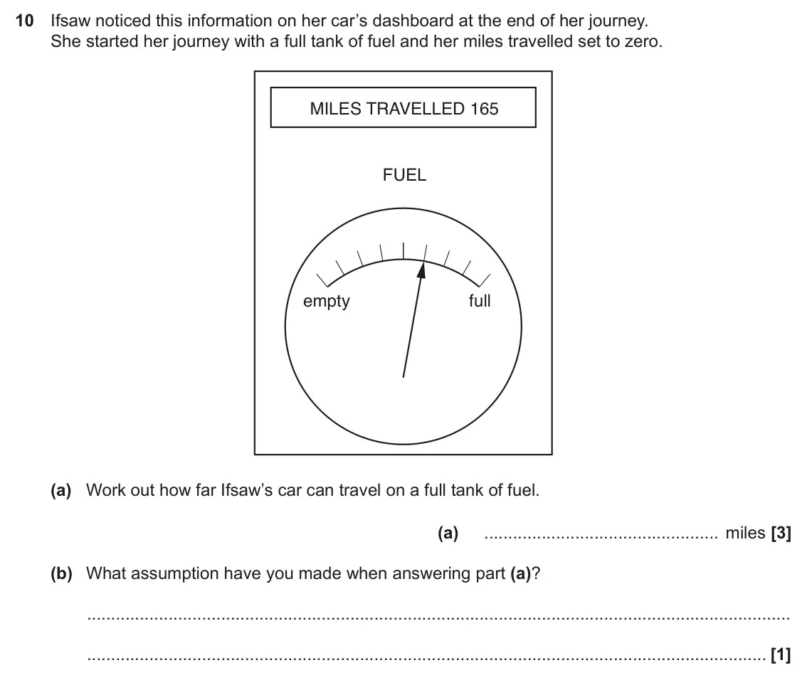 June 2018 Paper 5, question 10: Ifsaw noticed this information on her car’s dashboard at the end of her journey. She started her journey with a full tank of fuel and her miles travelled set to