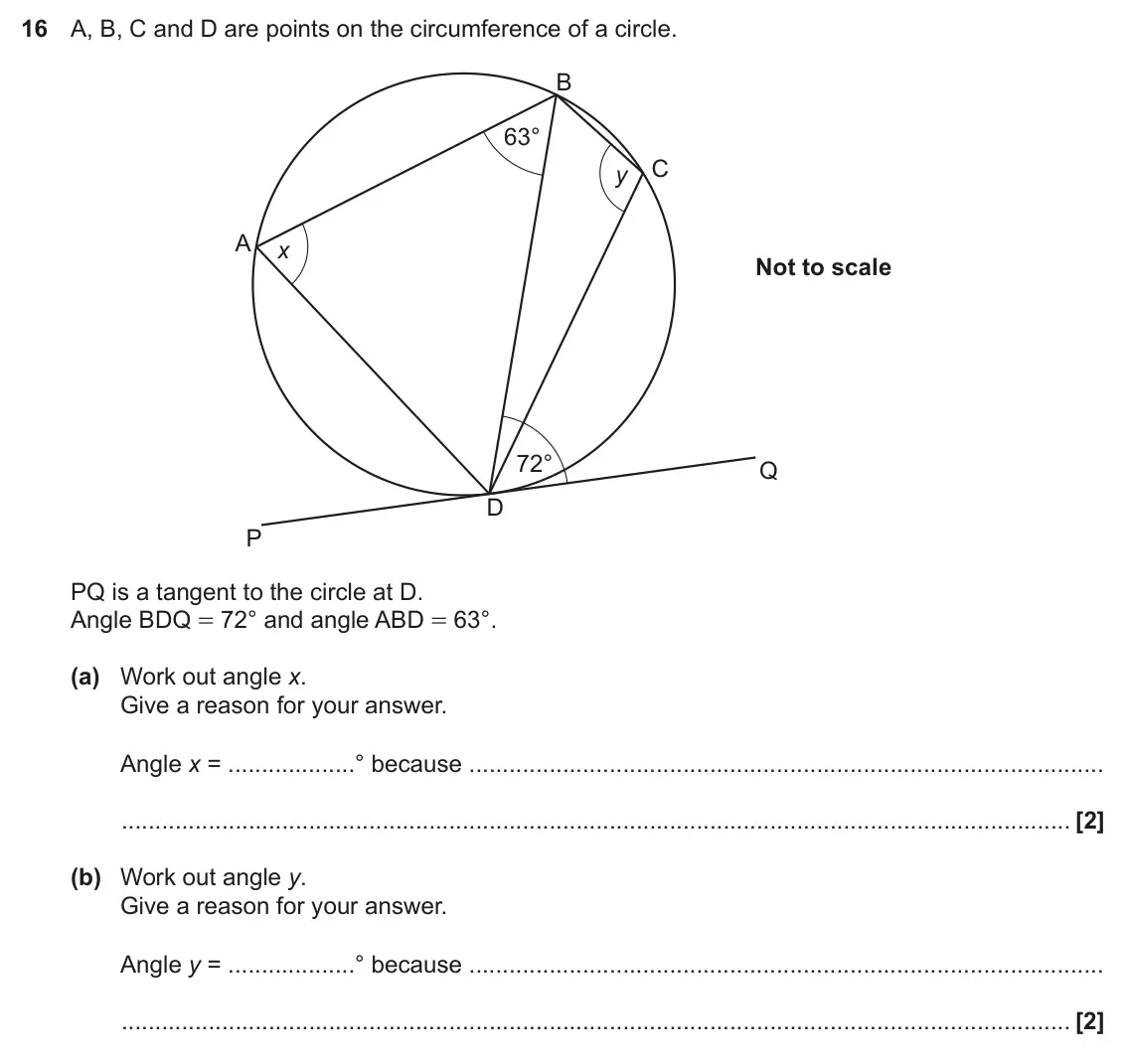 June 2018 Paper 5, question 16: A, B, C and D are points on the circumference of a circle. B 63° C y A x Not to scale 72° Q D P PQ is a tangent to the circle at D. Angle BDQ = 72° and angle AB