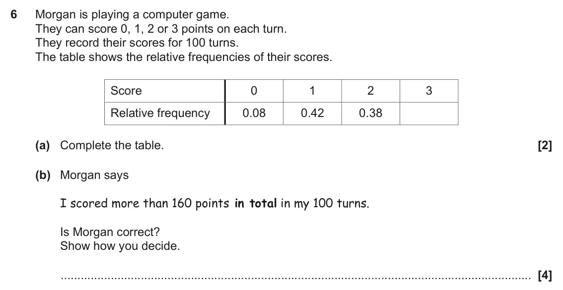 June 2022 Paper 5, question 6: Morgan is playing a computer game. They can score 0, 1, 2 or 3 points on each turn. They record their scores for 100 turns. The table shows the relative frequen