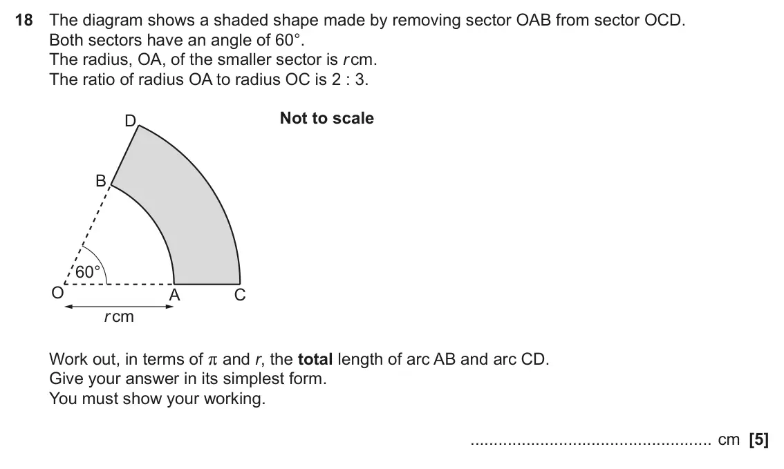 June 2022 Paper 5, question 18: The diagram shows a shaded shape made by removing sector OAB from sector OCD. Both sectors have an angle of 60°. The radius, OA, of the smaller sector is r cm.