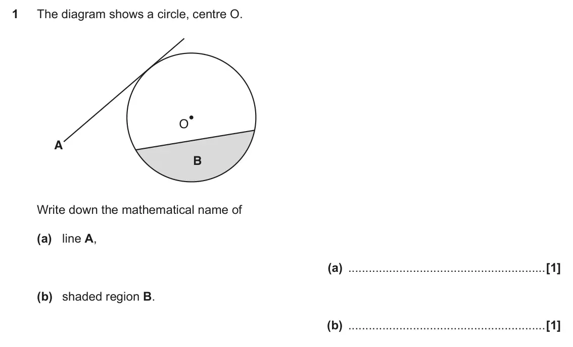 November 2017 Paper 5, question 1: The diagram shows a circle, centre O. O A B Write down the mathematical name of (a) line A, (a) (b) shaded region B. (b)