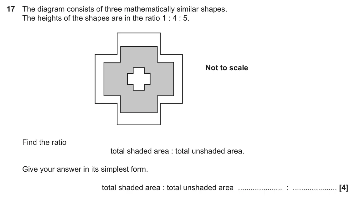 November 2018 Paper 5, question 17: The diagram consists of three mathematically similar shapes. The heights of the shapes are in the ratio 1 : 4 : 5. Not to scale Find the ratio total shaded area