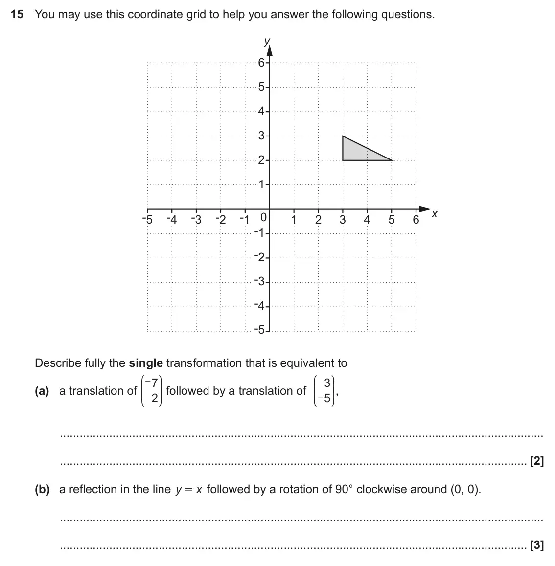 November 2019 Paper 5, question 15: You may use this coordinate grid to help you answer the following questions. y 6 5 4 3 2 1 x -5 -4 -3 -2 -1 0 1 2 3 4 5 6 -1 -2 -3 -4 -5 Describe fully the sing