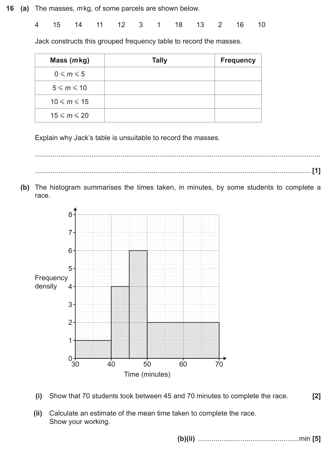 November 2020 Paper 5, question 16: (a) The masses, m kg, of some parcels are shown below. 4 15 14 11 12 3 1 18 13 2 16 10 Jack constructs this grouped frequency table to record the masses. Mass (