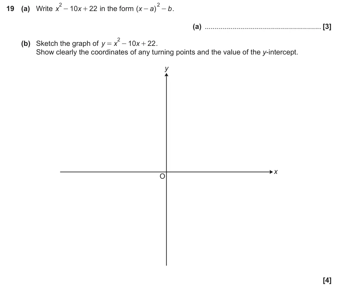 November 2020 Paper 5, question 19: (a) Write x 10 22 in the form ( ) . x x a b + - - (a) 2 (b) Sketch the graph of y 10 22 . x x = - + Show clearly the coordinates of any turning points and the v