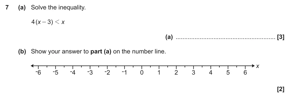 November 2021 Paper 5, question 7: (a) Solve the inequality. 4 ( x 3 1 ) x - (a) (b) Show your answer to part (a) on the number line. x -6 -5 -4 -3 -2 -1 0 1 2 3 4 5 6