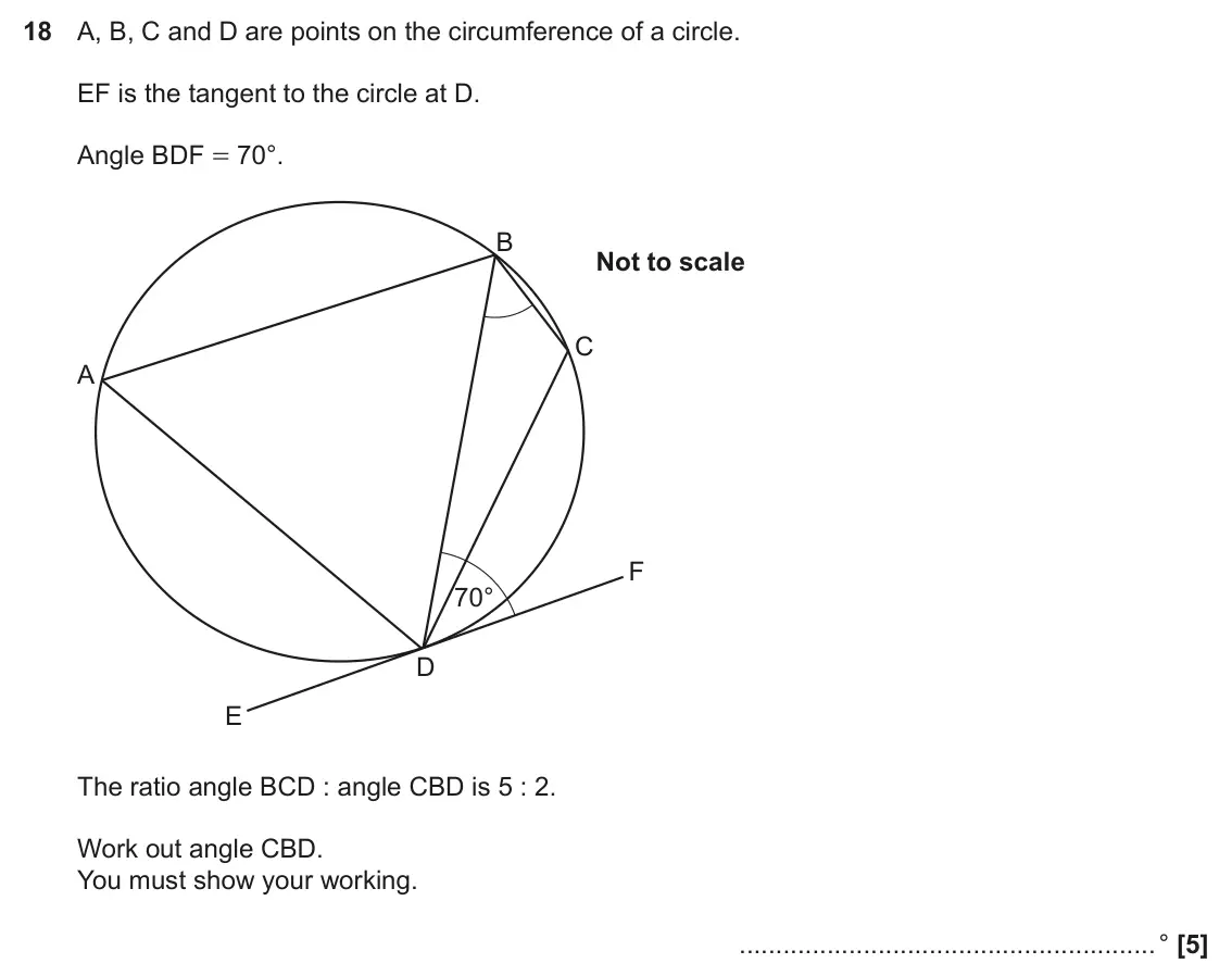 November 2021 Paper 5, question 18: A, B, C and D are points on the circumference of a circle. EF is the tangent to the circle at D. Angle BDF = 70°. B Not to scale C A F 70° D E The ratio angle B