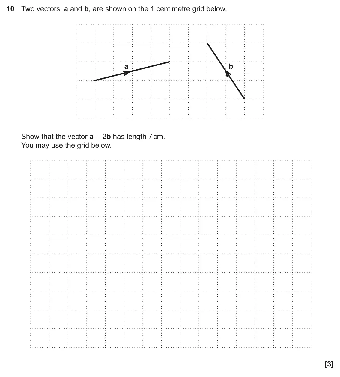 June 2018 Paper 6, question 10: Two vectors, a and b, are shown on the 1 centimetre grid below. a b Show that the vector a + 2b has length 7 cm. You may use the grid below.