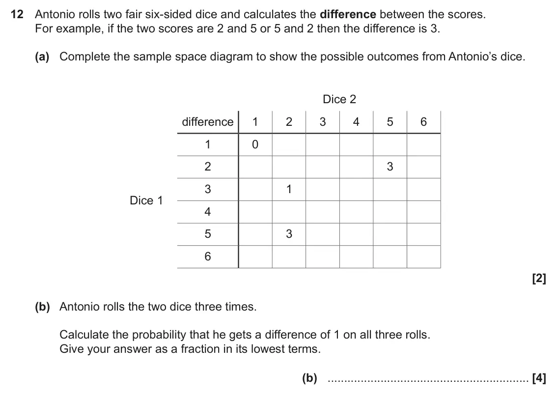 June 2019 Paper 6, question 12: Antonio rolls two fair six-sided dice and calculates the difference between the scores. For example, if the two scores are 2 and 5 or 5 and 2 then the differenc