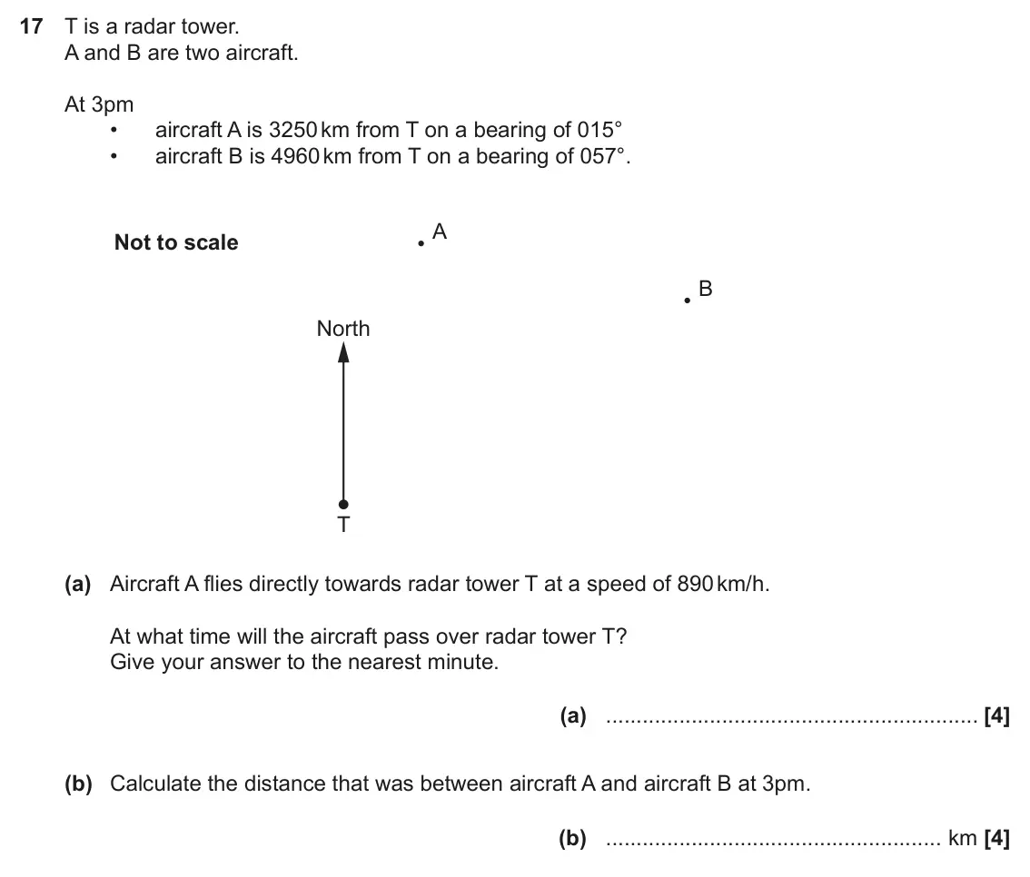 June 2019 Paper 6, question 17: T is a radar tower. A and B are two aircraft. At 3pm • aircraft A is 3250 km from T on a bearing of 015° • aircraft B is 4960 km from T on a bearing of 057°. A