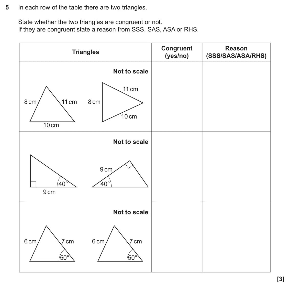June 2022 Paper 6, question 5: In each row of the table there are two triangles. State whether the two triangles are congruent or not. If they are congruent state a reason from SSS, SAS, ASA