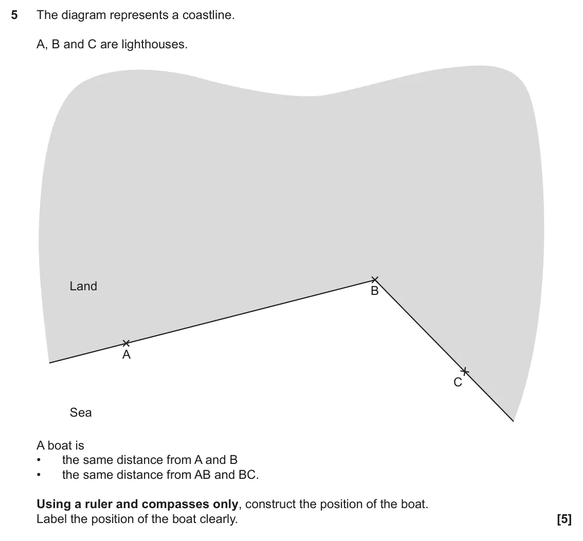June 2023 Paper 6, question 5: The diagram represents a coastline. A, B and C are lighthouses. Land B A C Sea A boat is • the same distance from A and B • the same distance from AB and BC. Us