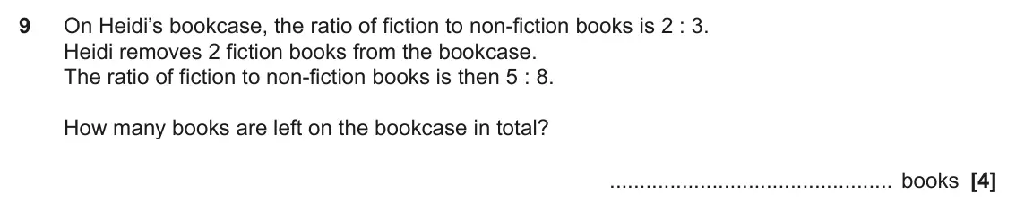 June 2023 Paper 6, question 9: On Heidi’s bookcase, the ratio of fiction to non-fiction books is 2 : 3. Heidi removes 2 fiction books from the bookcase. The ratio of fiction to non-fiction bo