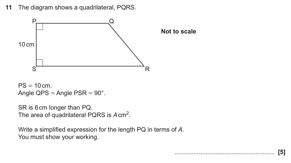 June 2023 Paper 6, question 11: The diagram shows a quadrilateral, PQRS. P Q Not to scale 10 cm S R PS = 10 cm. Angle QPS = Angle PSR = 90°. SR is 6 cm longer than PQ. The area of quadrilatera