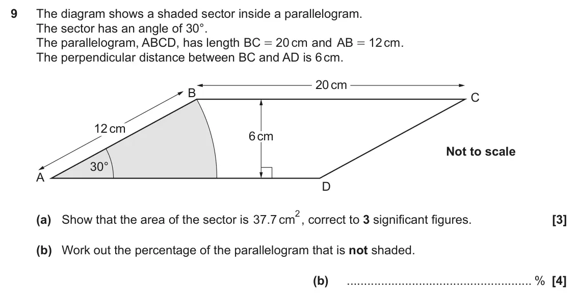 June 2024 Paper 6, question 9: The diagram shows a shaded sector inside a parallelogram. The sector has an angle of 30°. The parallelogram, ABCD, has length BC = 20 cm and AB = 12 cm . The pe