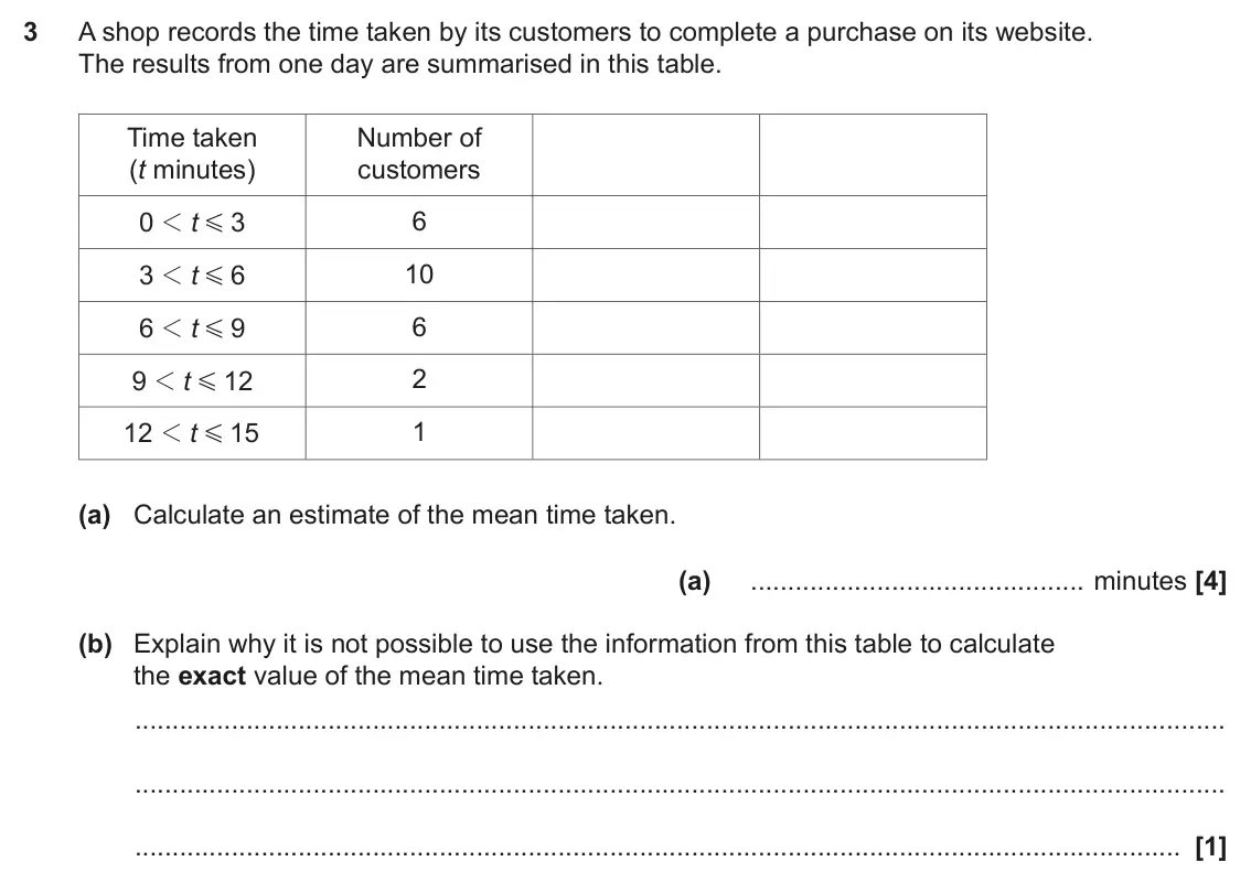 November 2017 Paper 6, question 3: A shop records the time taken by its customers to complete a purchase on its website. The results from one day are summarised in this table. Time taken Number o
