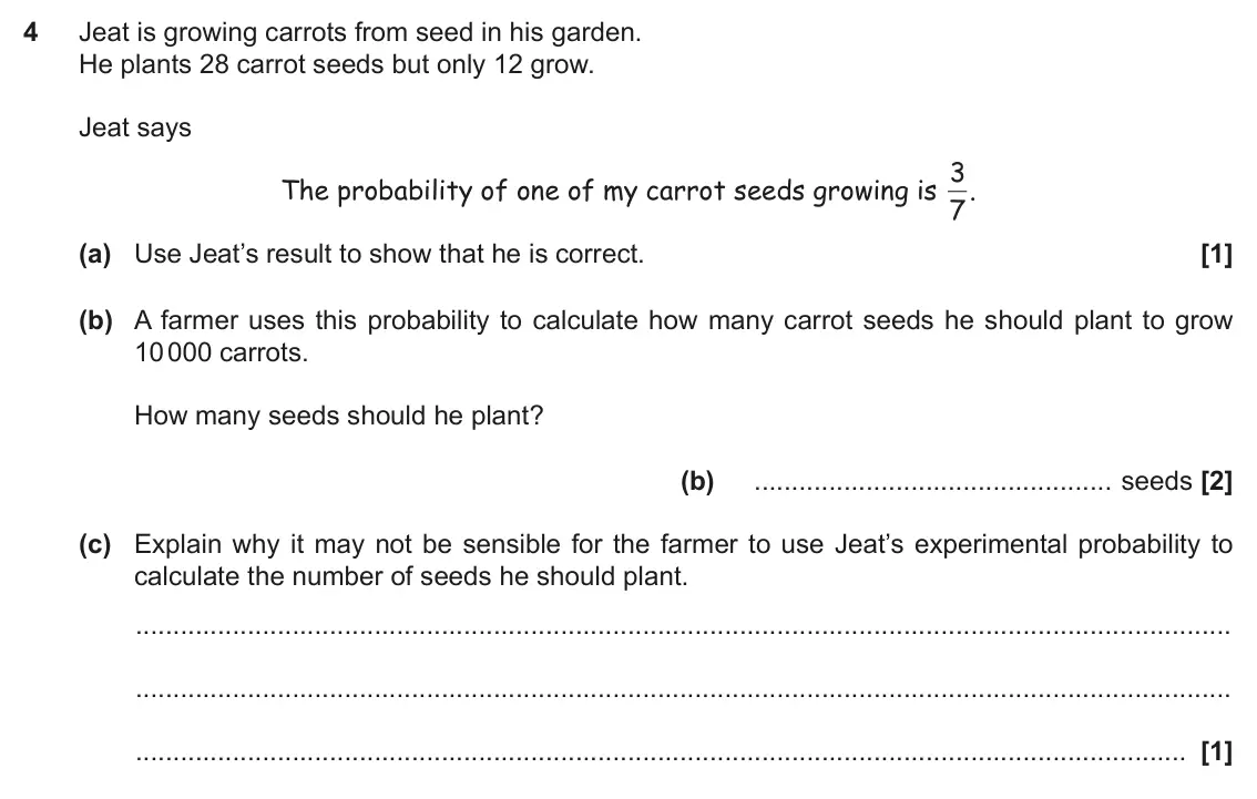 November 2017 Paper 6, question 4: Jeat is growing carrots from seed in his garden. He plants 28 carrot seeds but only 12 grow. Jeat says 3 . The probability of one of my carrot seeds growing is