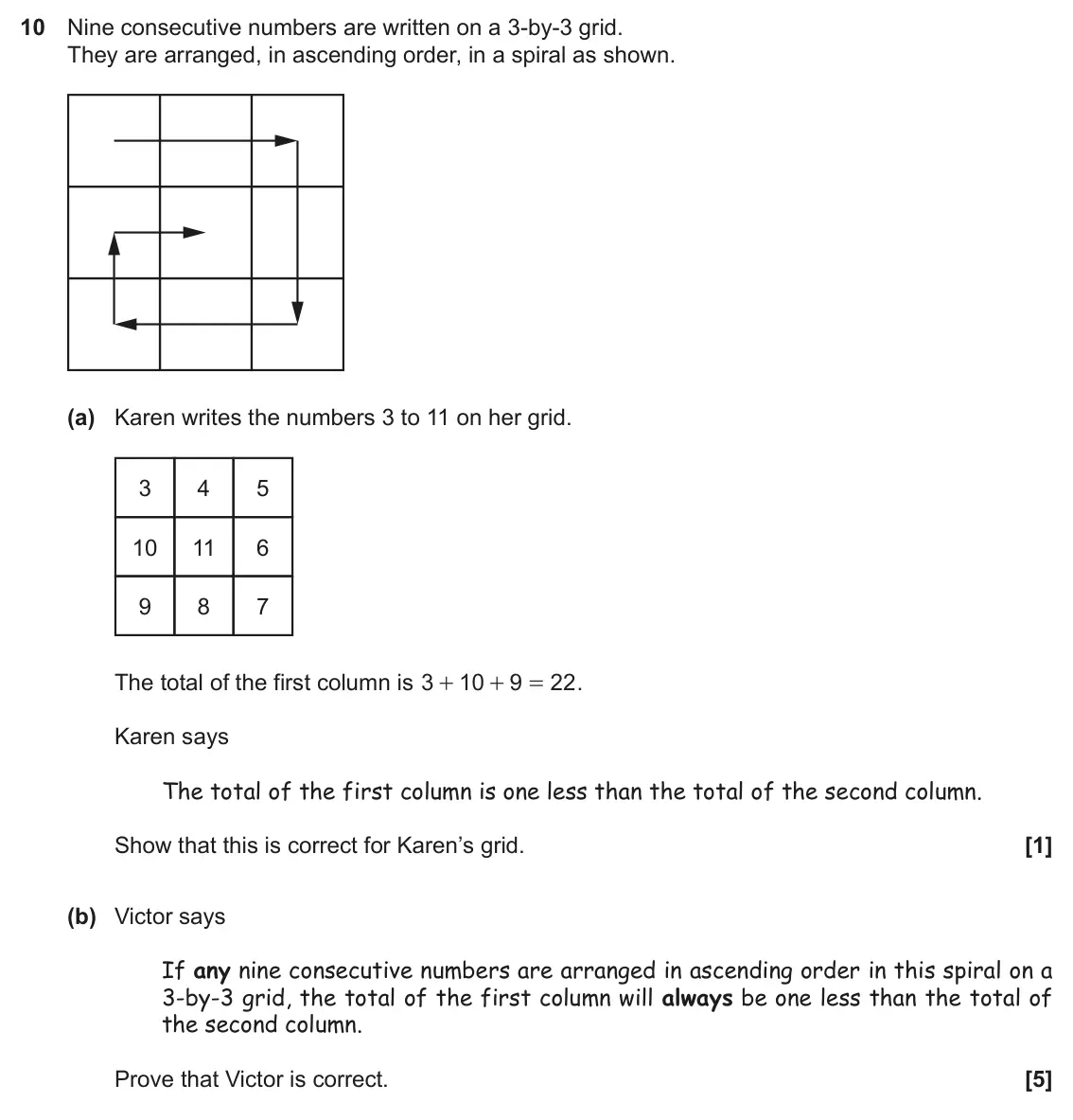 November 2019 Paper 6, question 10: Nine consecutive numbers are written on a 3-by-3 grid. They are arranged, in ascending order, in a spiral as shown. (a) Karen writes the numbers 3 to 11 on her