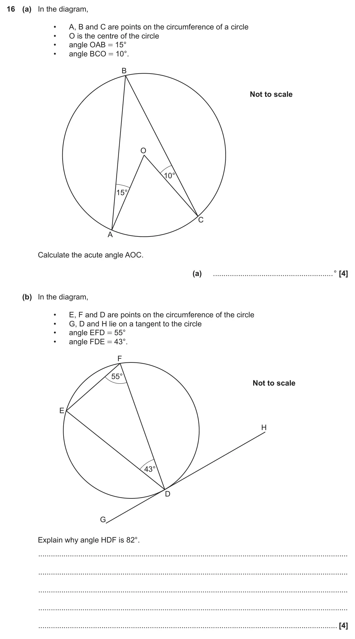 November 2019 Paper 6, question 16: (a) In the diagram, • A, B and C are points on the circumference of a circle • O is the centre of the circle • angle OAB = 15° • angle BCO = 10°. B Not to scale