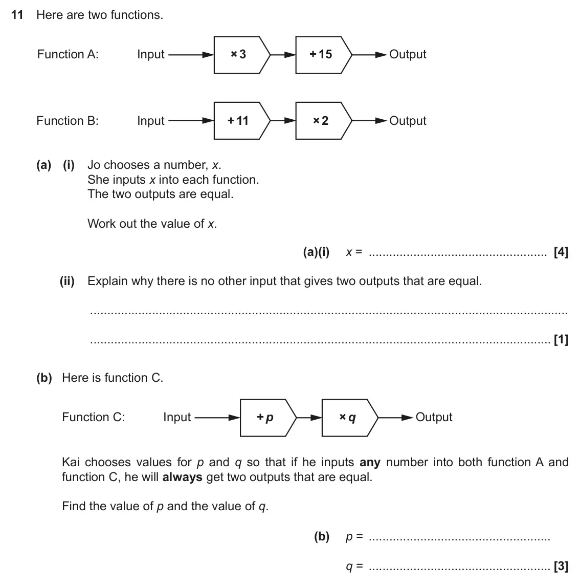 November 2020 Paper 6, question 11: Here are two functions. Function A: Input × 3 + 15 Output Function B: Input + 11 × 2 Output (a) (i) Jo chooses a number, x. She inputs x into each function. The