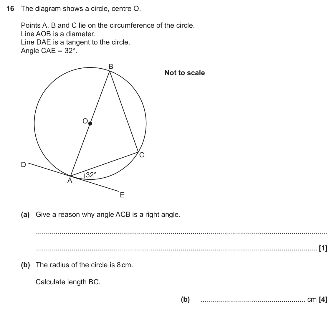 November 2020 Paper 6, question 16: The diagram shows a circle, centre O. Points A, B and C lie on the circumference of the circle. Line AOB is a diameter. Line DAE is a tangent to the circle. Ang