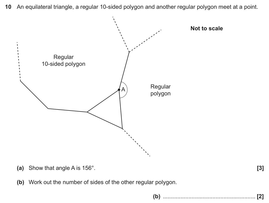 November 2021 Paper 6, question 10: An equilateral triangle, a regular 10-sided polygon and another regular polygon meet at a point. Not to scale Regular 10-sided polygon Regular A polygon (a) Sho