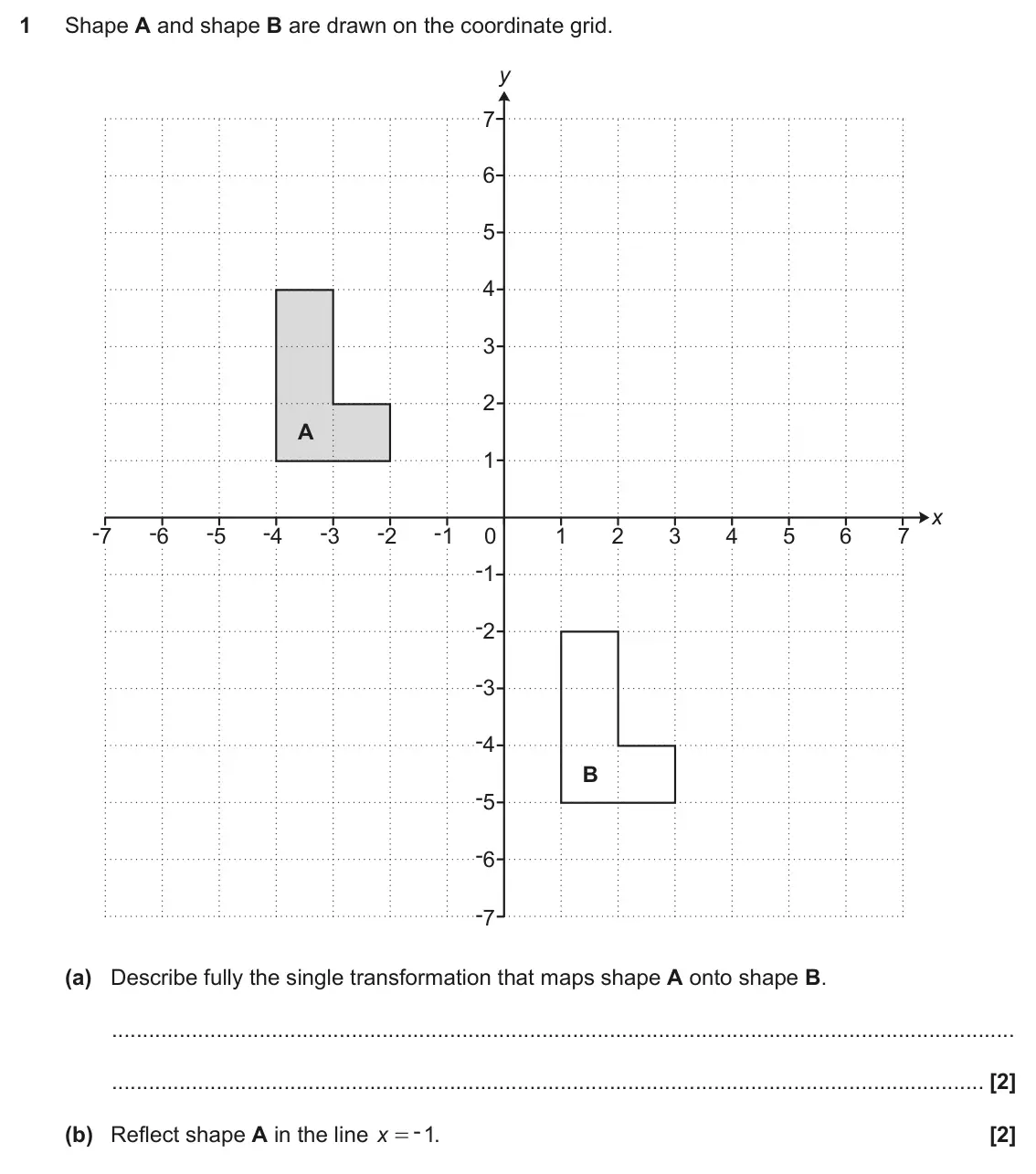 November 2022 Paper 6, question 1: Shape A and shape B are drawn on the coordinate grid. y 7 6 5 4 3 2 A 1 x -7 -6 -5 -4 -3 -2 -1 0 1 2 3 4 5 6 7 -1 -2 -3 -4 B -5 -6 -7 (a) Describe fully the sin
