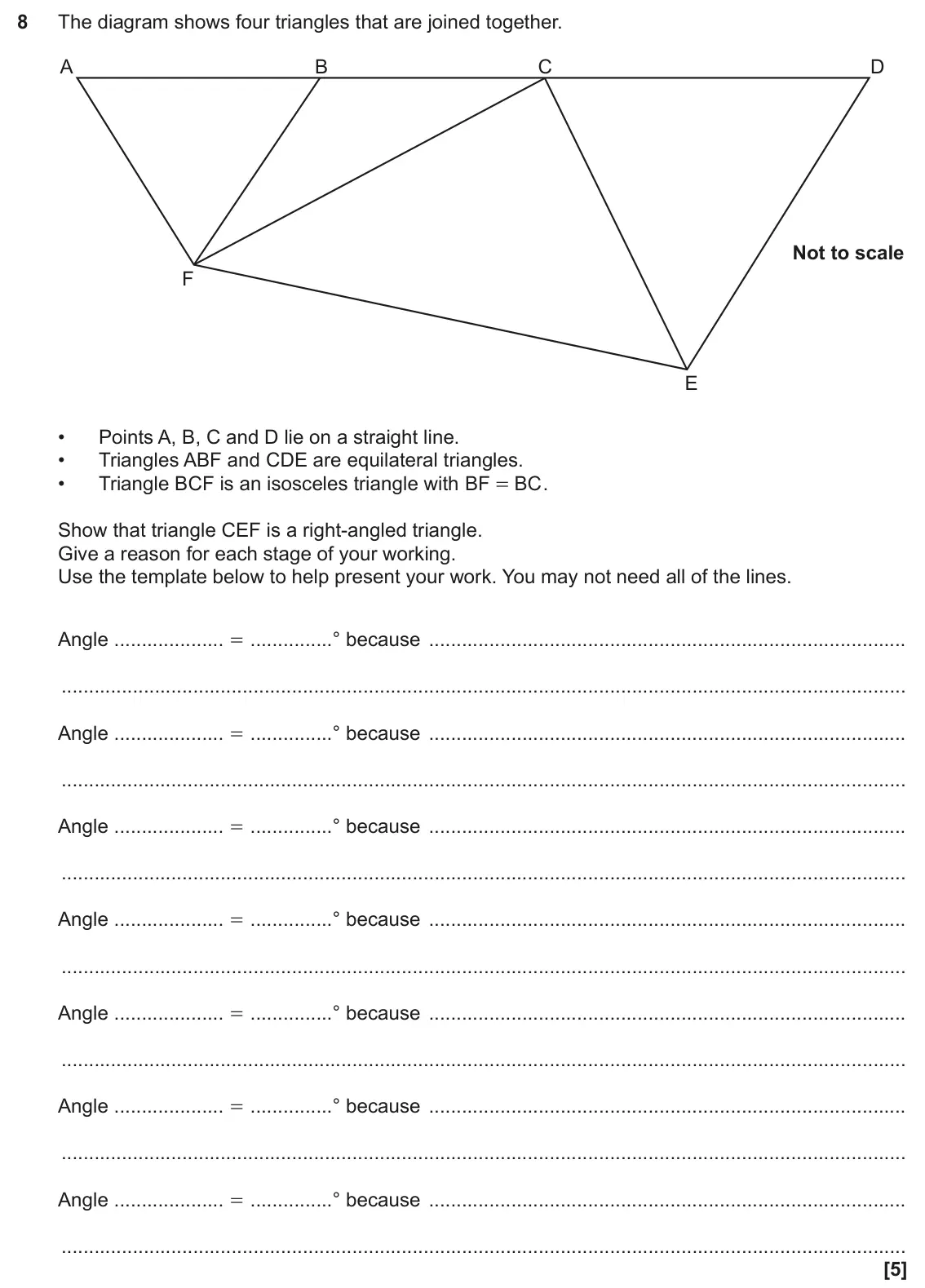 November 2023 Paper 6, question 8: The diagram shows four triangles that are joined together. A B C D Not to scale F E • Points A, B, C and D lie on a straight line. • Triangles ABF and CDE are e