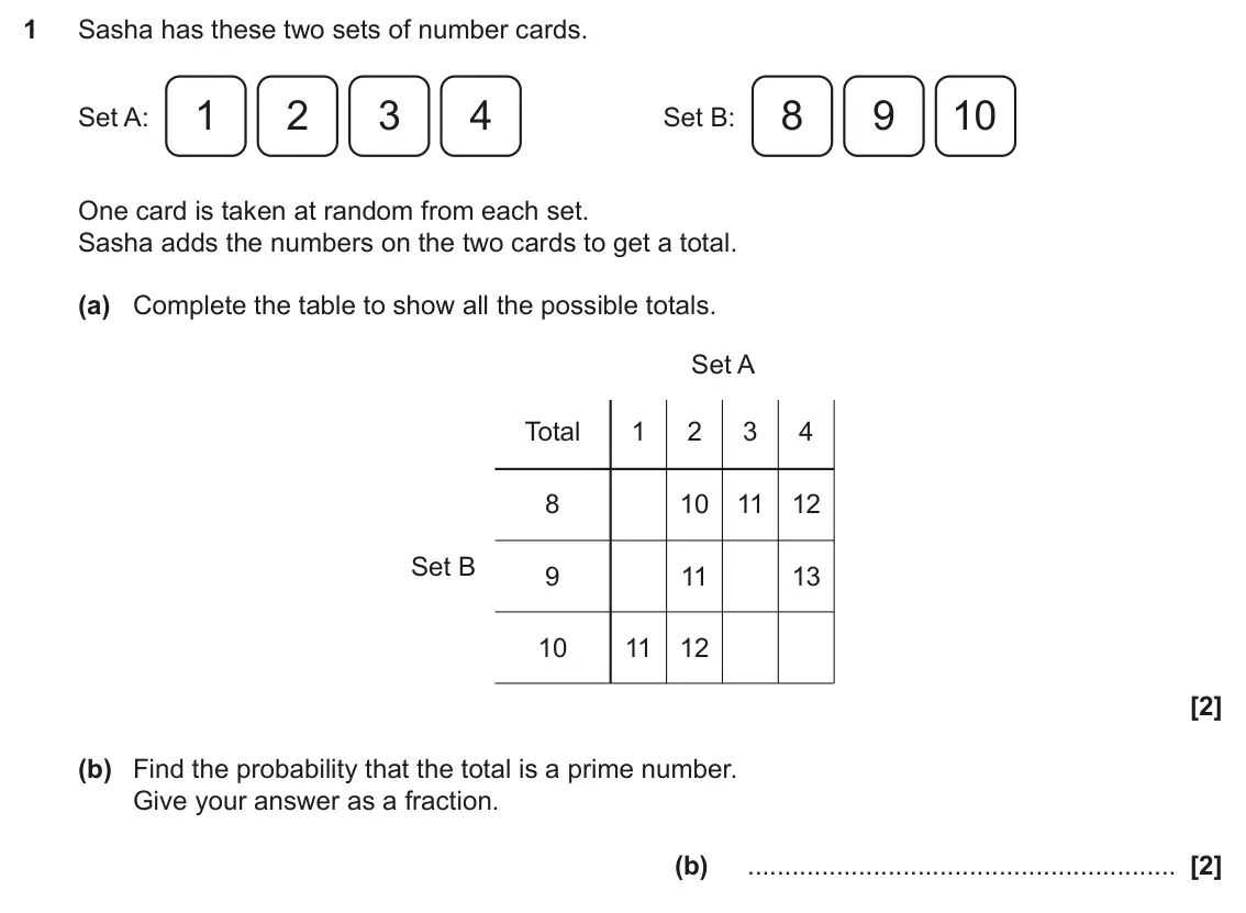 November 2024 Paper 6, question 1: Sasha has these two sets of number cards. 1 2 3 4 8 9 10 Set A: Set B: One card is taken at random from each set. Sasha adds the numbers on the two cards to get