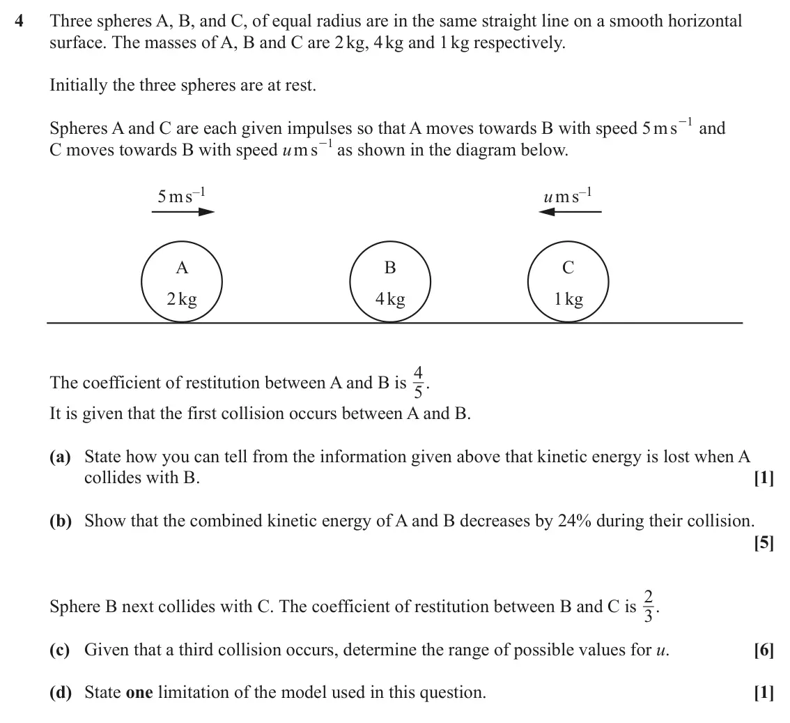 June 2024 AS Mechanics A, question 4: Three spheres A, B, and C, of equal radius are in the same straight line on a smooth horizontal surface. The masses of A, B and C are 2 kg, 4 kg and 1 kg respec