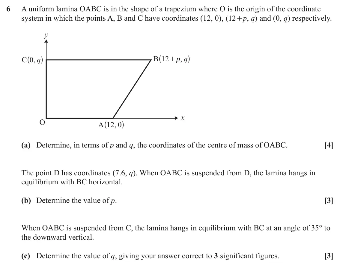 June 2024 AS Mechanics A, question 6: A uniform lamina OABC is in the shape of a trapezium where O is the origin of the coordinate system in which the points A, B and C have coordinates (12, 0), ( a