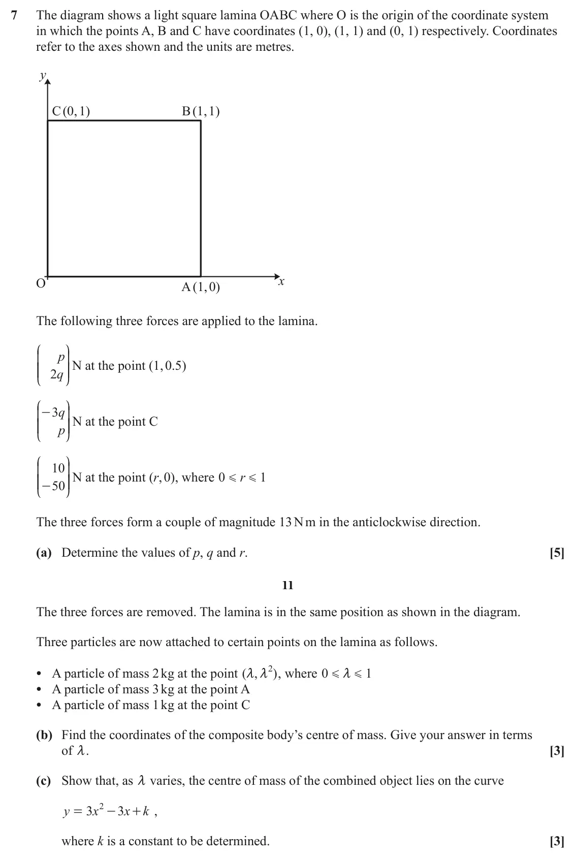 June 2025 AS Mechanics A, question 7: The diagram shows a light square lamina OABC where O is the origin of the coordinate system in which the points A, B and C have coordinates (1, 0), (1, 1) and (